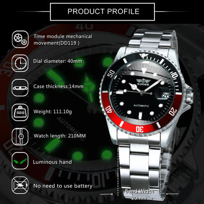 WINNER Classic Mechanical Watches Luxury Brand Business Automatic Watch for Men Rotatable Bezel Luminous Dial Steel Strap Clock