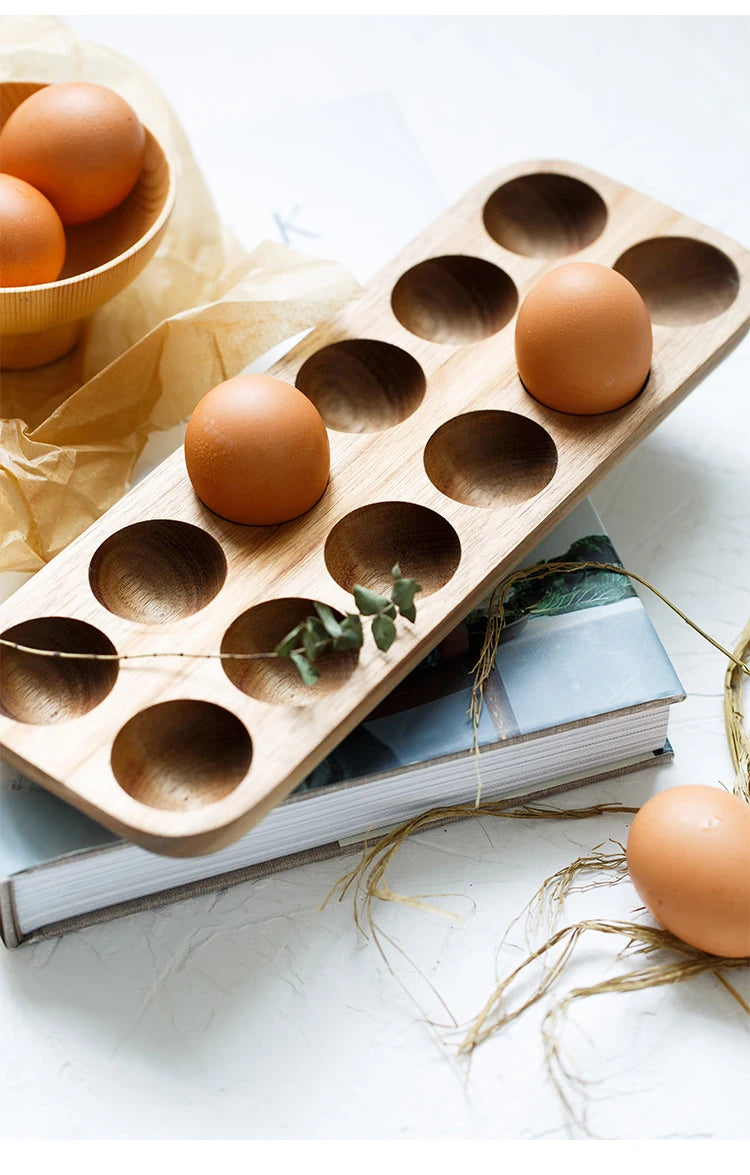 Japanese Style Wooden Double Row Egg Storage Box Home Organizer Rack Eggs Refrigerator Holder Kitchen Fresh Keeping Accessories