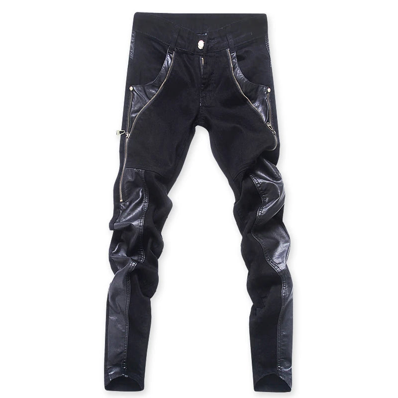 Fashion Designer Men's Black Zipper Motorcycle Leather Pants Korean Slim Skinny splice Leather Pants Fashion Men's Denim Pants