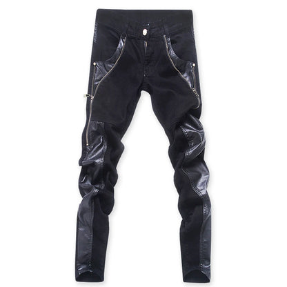 Fashion Designer Men's Black Zipper Motorcycle Leather Pants Korean Slim Skinny splice Leather Pants Fashion Men's Denim Pants