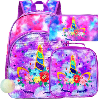 3PCS Unicorn Backpack for Girls, 16”Kids Sequin Bookbag with Lunch Box, School Bag for Elementary Toddler