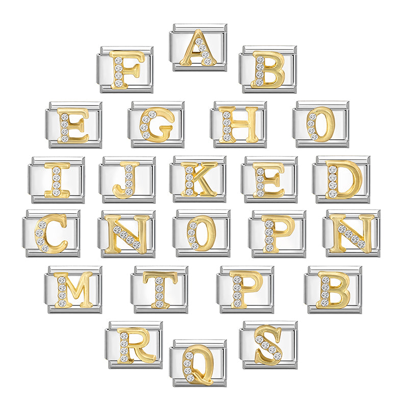 New Girls Italian Bracelet 26 English Letters Charm Stainless Steel Bangle Gold Color Inlaid Zirconia DIY Making Jewelry Gifts