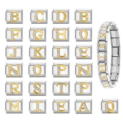 New Girls Italian Bracelet 26 English Letters Charm Stainless Steel Bangle Gold Color Inlaid Zirconia DIY Making Jewelry Gifts