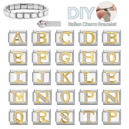 New Girls Italian Bracelet 26 English Letters Charm Stainless Steel Bangle Gold Color Inlaid Zirconia DIY Making Jewelry Gifts