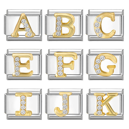 New Girls Italian Bracelet 26 English Letters Charm Stainless Steel Bangle Gold Color Inlaid Zirconia DIY Making Jewelry Gifts