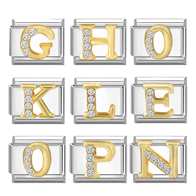 New Girls Italian Bracelet 26 English Letters Charm Stainless Steel Bangle Gold Color Inlaid Zirconia DIY Making Jewelry Gifts