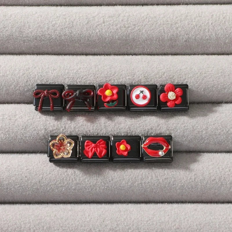 2025 New Original Black Red Stars Love Heart Bows Flower Italian Charm Link Fit 9mm Stainless Steel Jewelry DIY Making Bracelets
