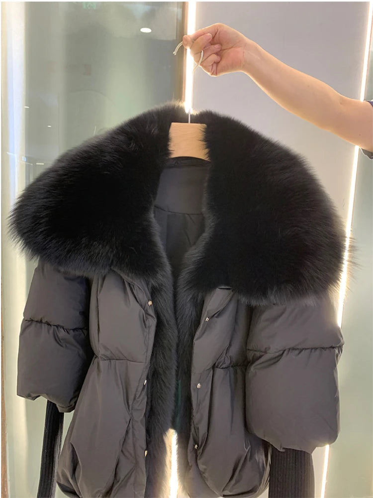 2024 Winter Women Warm Coat Oversized Real Fox Fur Collar Thick Luxury Outerwear New Fashion 90% Goose Down Jacket