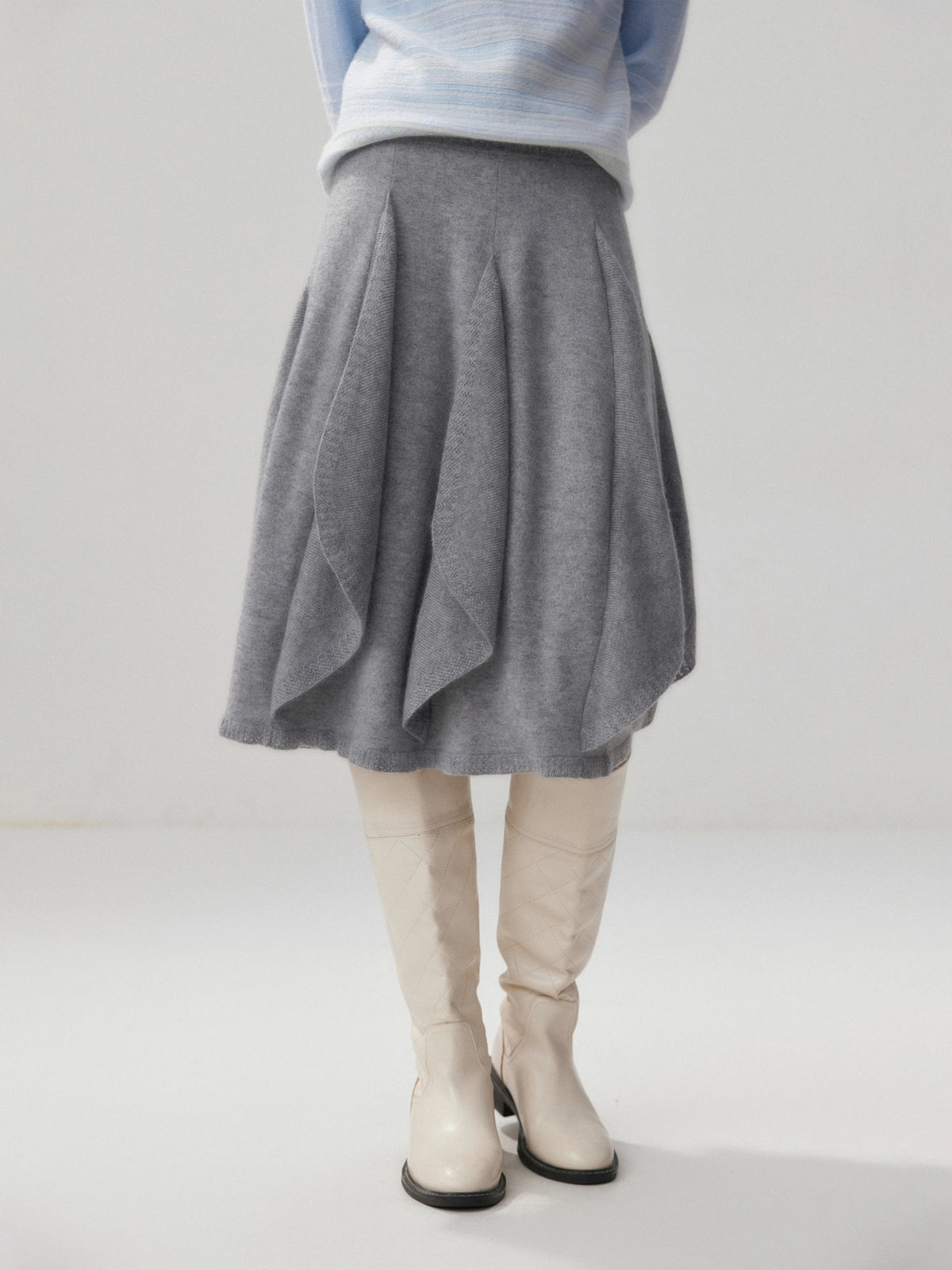 French 100% Pure Cashmere Skirt Ruffle Irregular A-line Soild Midi Sirt Autumn Winter Women Elegant Pleated  Knit Dress Fashion