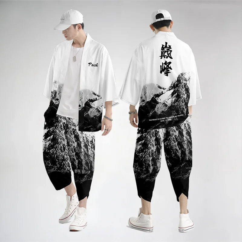 Large Size 5XL 6XL Japanese Kimono Cardigan Pants Set Print Fox Men Women Shirt Tradition Yukata Haori Obi Cosplay Costume