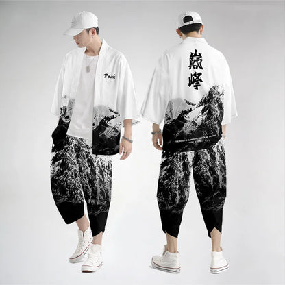 Large Size 5XL 6XL Japanese Kimono Cardigan Pants Set Print Fox Men Women Shirt Tradition Yukata Haori Obi Cosplay Costume