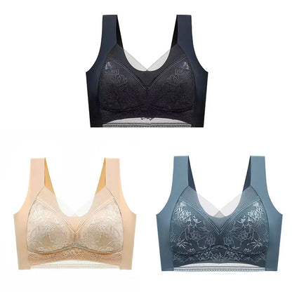 3Pcs Women Lace Bra Perspective Push Up Ice Silk Deep V Bralette Bra Sexy Lingerie Tops Plus Size Cup Mom's underwear L-5XL