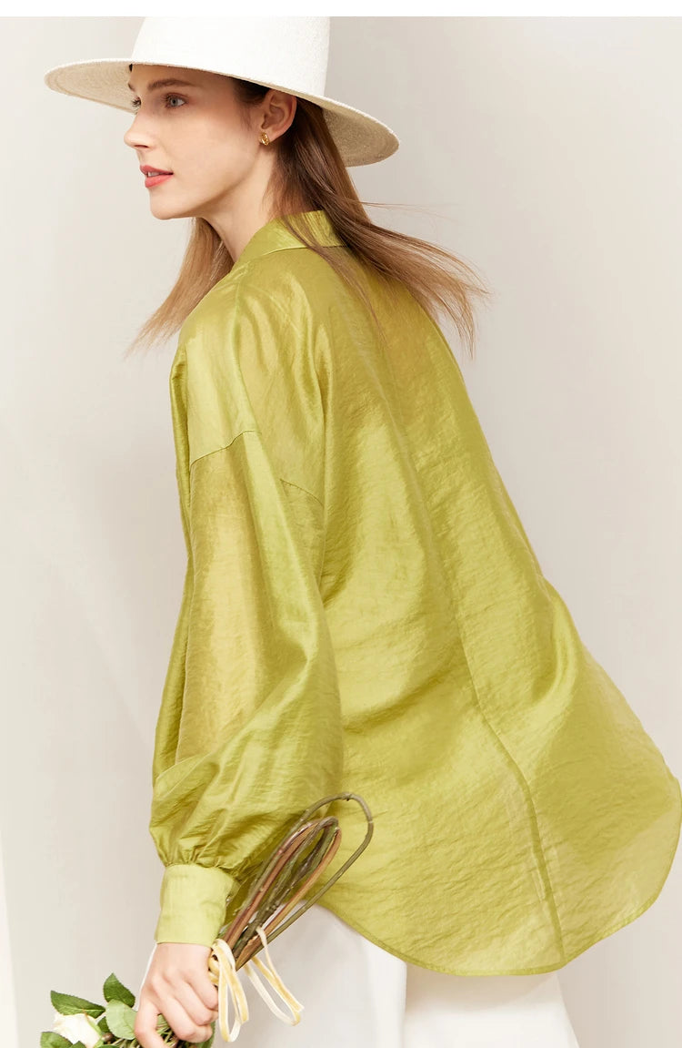 AMII Minimalist Blouse for Women 2023 Autumn Lantern Sleeve V-Neck Slightly Transparent Elegant Commuter Clothing Tops 72341030