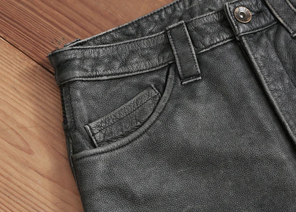 Men's Vintage Gray Black Motorcycle Style Trousers Genuine Thick Cowhide Biker's Pants Real Natural Leather Skinny Pants 4XL