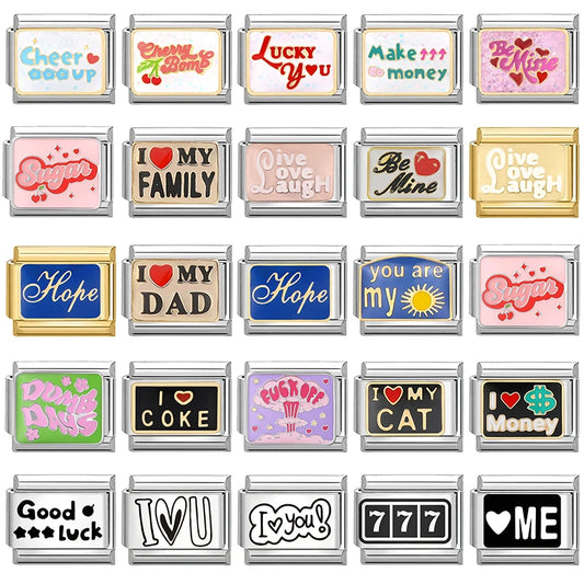 New Y2K Colorful Glaze English Word Italian Charm Link Fit 9mm Stainless Steel Jewelry DIY Making Bracelets For Gifts