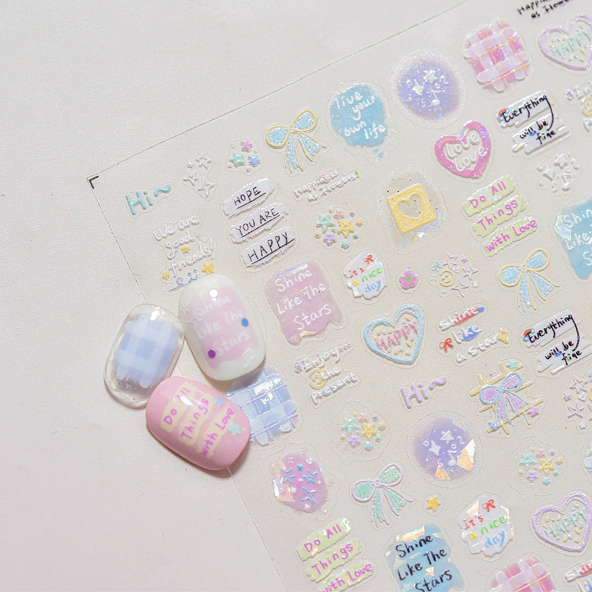 Collage Text English Letter Musical Note Star Graffiti Colorful 5D Love Heart Bowknot Nail Art Sticker Adhesive Manicure Decals