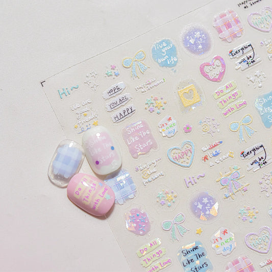 Collage Text English Letter Musical Note Star Graffiti Colorful 5D Love Heart Bowknot Nail Art Sticker Adhesive Manicure Decals