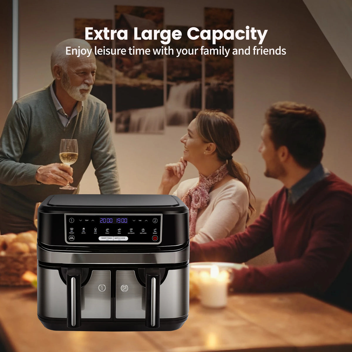 Hot Air Fryer Double Chamber 9 Litres XXL Air Fryer with 2 Independent 4.5L Drawers 8 Automatic Programmes with LED Touch Screen
