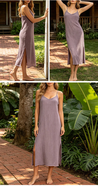 Casual Muslin 100% Cotton Gauze Dresse Summer Women's Loose Sleeveless Backless Streetwear Female Chic Dress Vestidos Long Robe