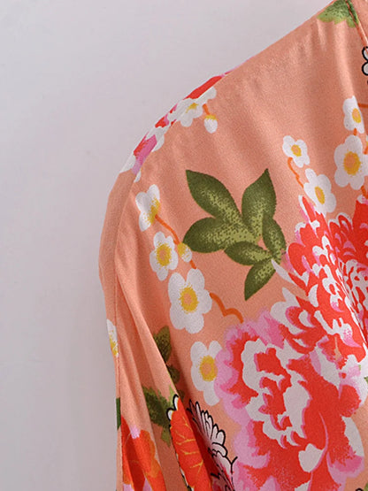 Boho Queens Vintage Peacock Floral Print Sashes Beach Kimono Women Bohemian Wrap Batwing Sleeves Holiday Bikini Cover-ups