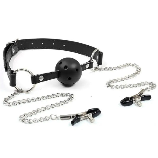 Erotic Toy PU Leather Mouth Gag Ball Oral Sex With Chain Clip Breast Nipple Clamps Bondage Harness Sex Toys Adult Games