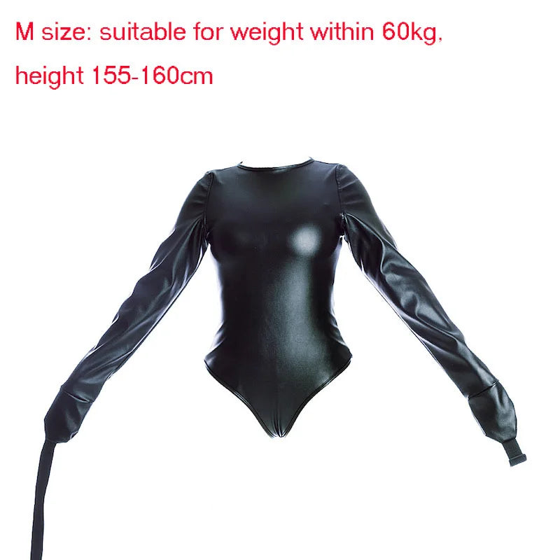 Leather Long Sleeve Bodysuit Straight Jacket with Crotch Strap,SM Game Bondage Armbinder Harness,Slave Role Costume BDSM Sex toy