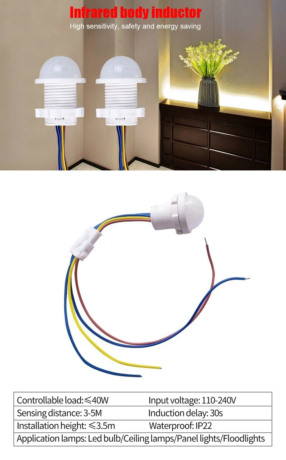 PIR Motion Sensor Detector Smart Switch Home Indoor Outdoor Infrared Light 110V 220V Time Delay Mode Adjust Lighting Switch