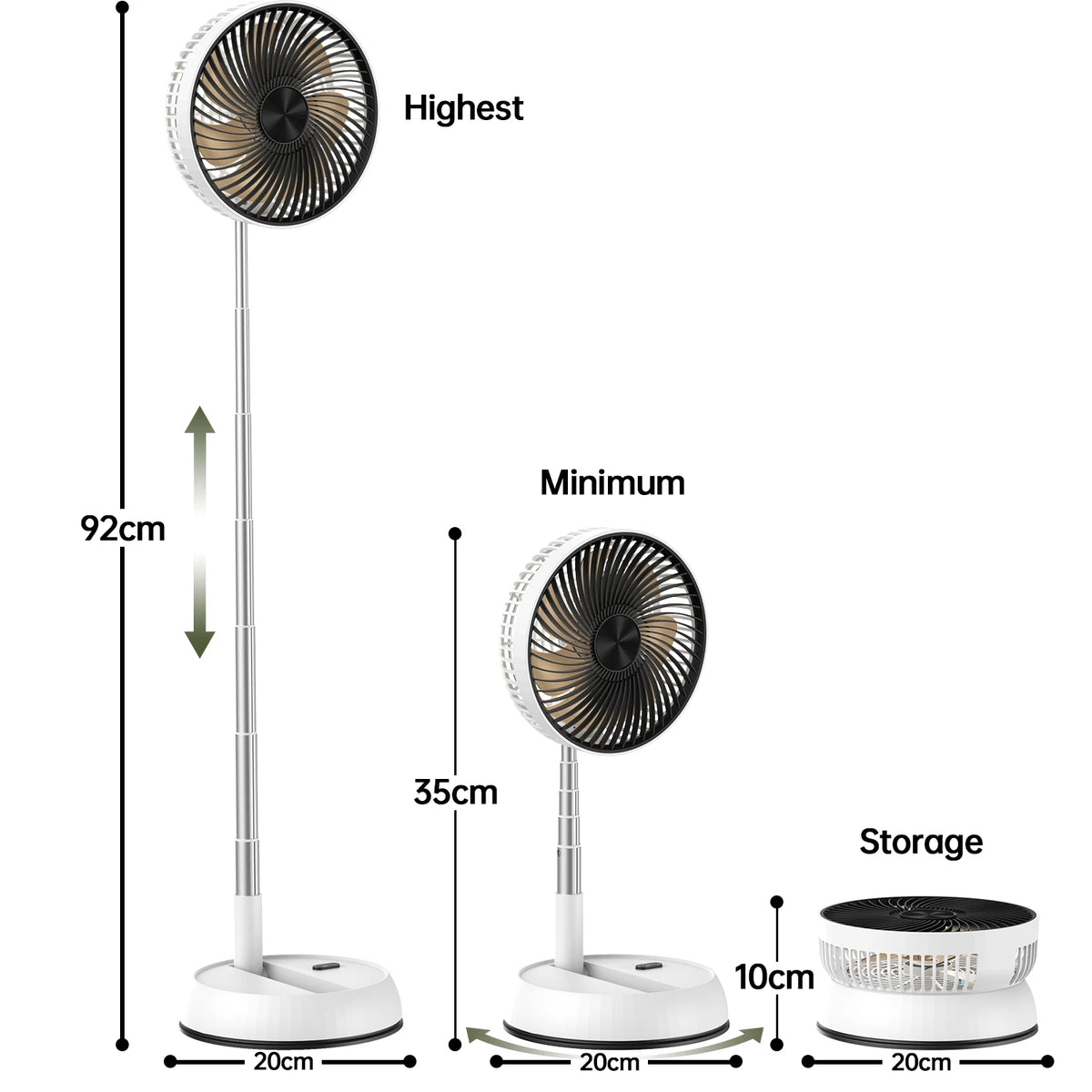 Portable Oscillating Standing Fan with Remote Controller Foldable Desk Fan Rechargeable Battery Powered Pedestal Fan for Camping