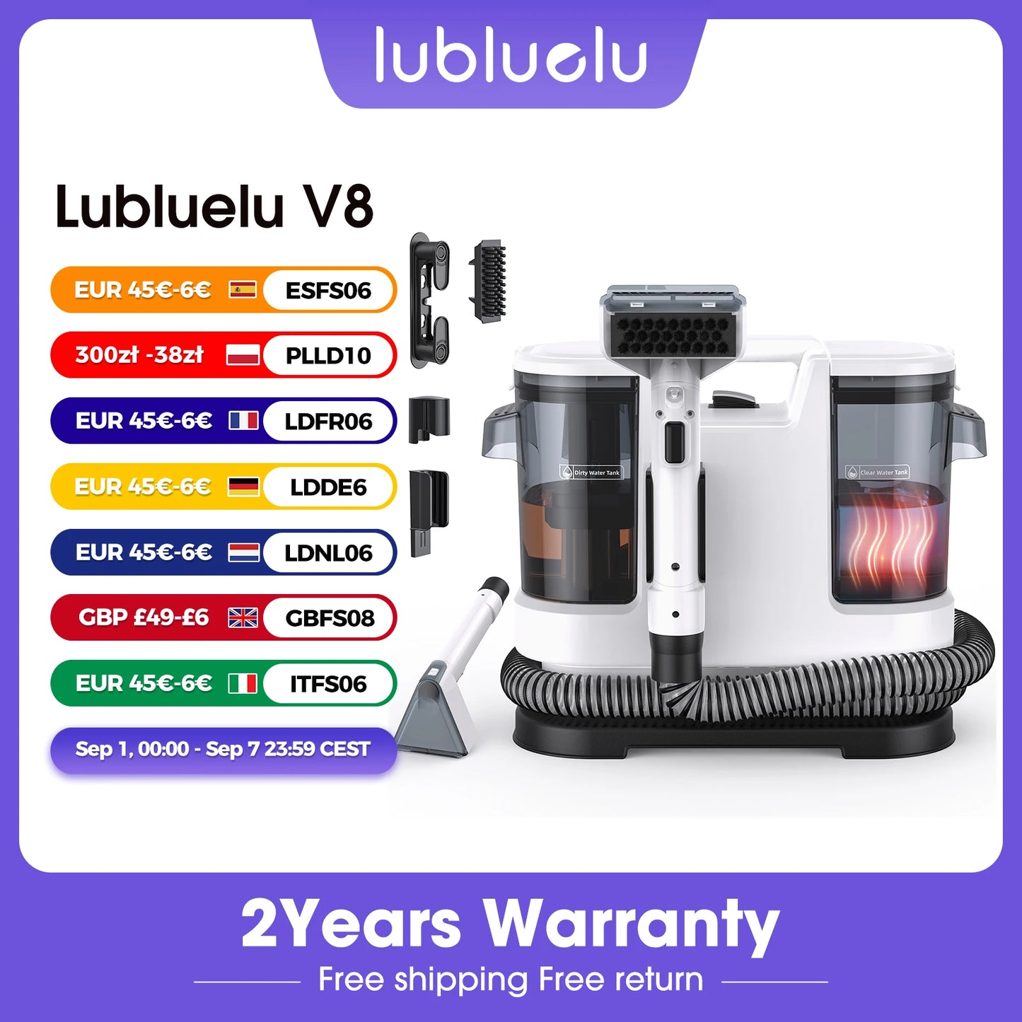 Lubluelu V8 Instant Heated Function Carpet Cleaner Machine 15Kpa Powerful Suction Hot Water Upgrade Portable Carpet Cleaning Machines for Pet Stains with Cleaning Tools & Self-Cleaning for Car/Couch/Rug/Spot