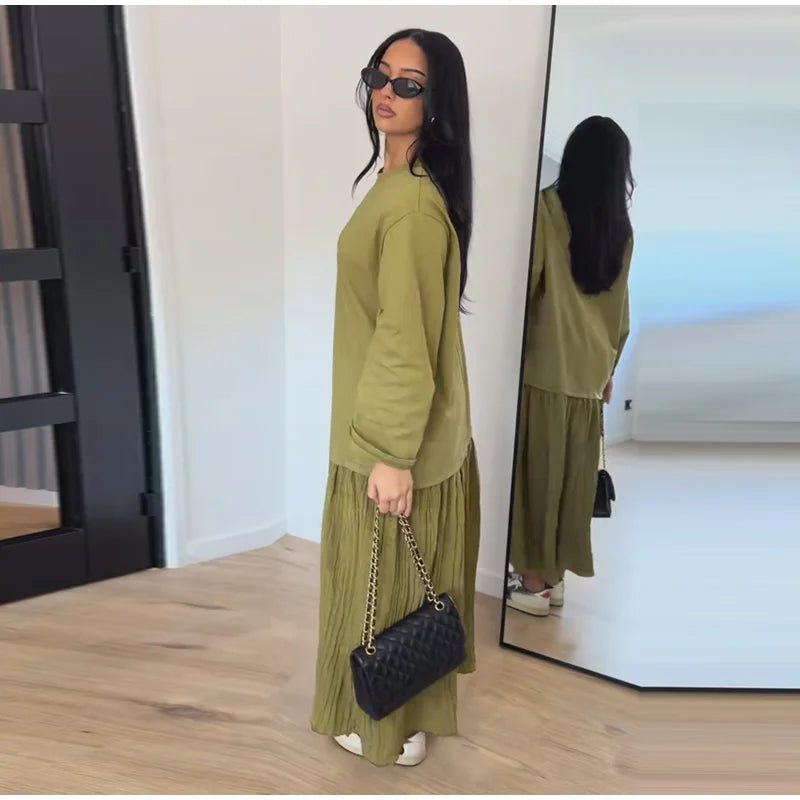 2026 Summer New Loose Patchwork Dresses Women's Pleated Fashion Short Sleeve O-neck Long Robes Female Elegant Casual Dress
