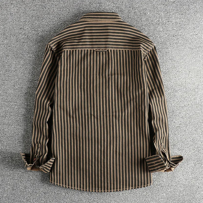 2025 Autumn And Winter New American Retro Stripe Long-Sleeve Lapel Shirt Men's Simple Fashion Washed Multi-pocket Casual Blouses