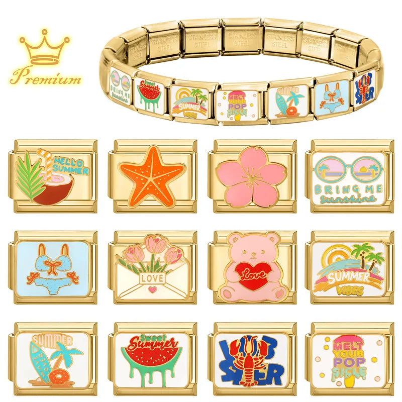Gold Color Heart Sunflower Cherry Tai Chi Leopard Italian Charm Links Fit 9MM Bracelet Stainless Steel Men Women DIY Making Gift