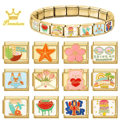 Gold Color Heart Sunflower Cherry Tai Chi Leopard Italian Charm Links Fit 9MM Bracelet Stainless Steel Men Women DIY Making Gift
