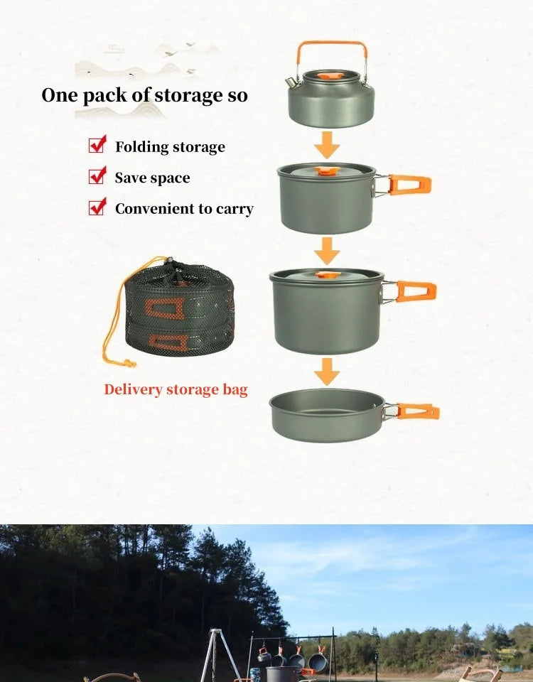 Camping Cookware Cooking Kettle Pot Hiking Picnic Equipment Portable Frying Pan Hanging Pot, Hiking Picnic Tableware