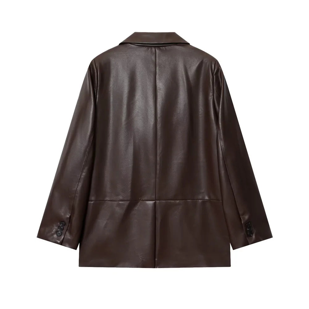 Women's Fashion Faux Leather Blazer Coat Loose Fit Old Money Style Long Sleeve Front Button Chic Outerwear Top