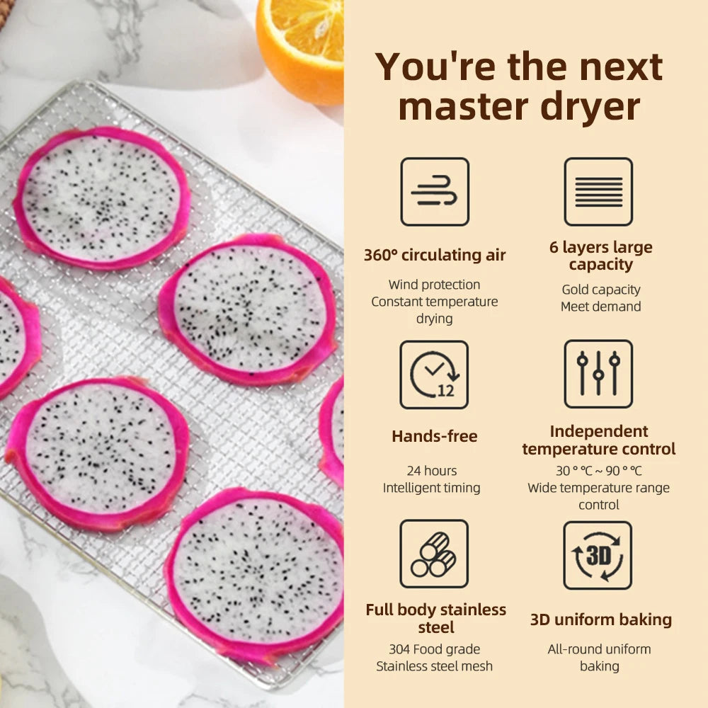 Dehydrators for Food and Jerky with 24H Timer and Light, 12 Drying Racks 800W 30-90℃ Vegetable Fruit Dehydrator EU Plug