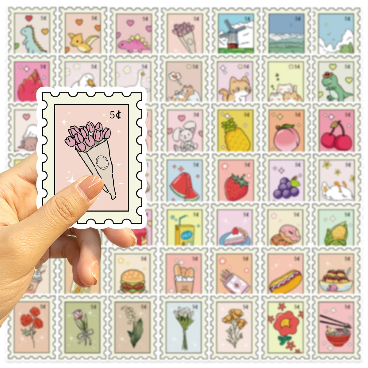 50pcs Small Fresh Stamp Art Stickers Aesthetic Phone Bike Wall Scrapbook Motorcycle Waterproof Cartoon Sticker For Toys Gifts