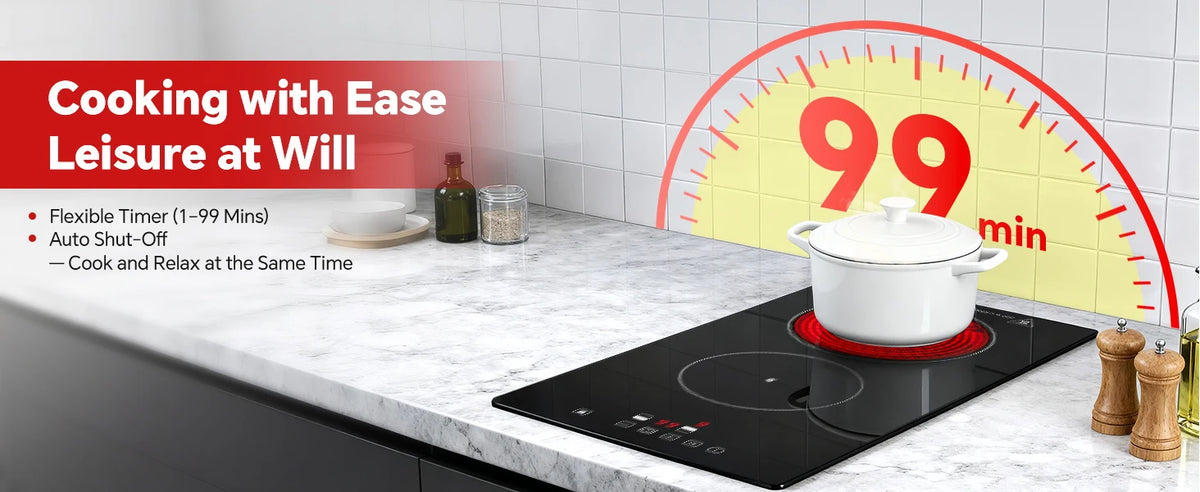 2-Zone Ceramic Hob, 3000W with Child Lock, 9 Heat Levels, 1-99min Timer, Black (CE Certified)