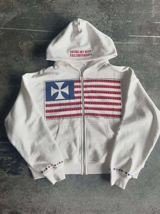 Autumn new national flag minimalist design color collision pattern men hooded sweatshirt Harajuku Y2k loose zipper sweatshirt