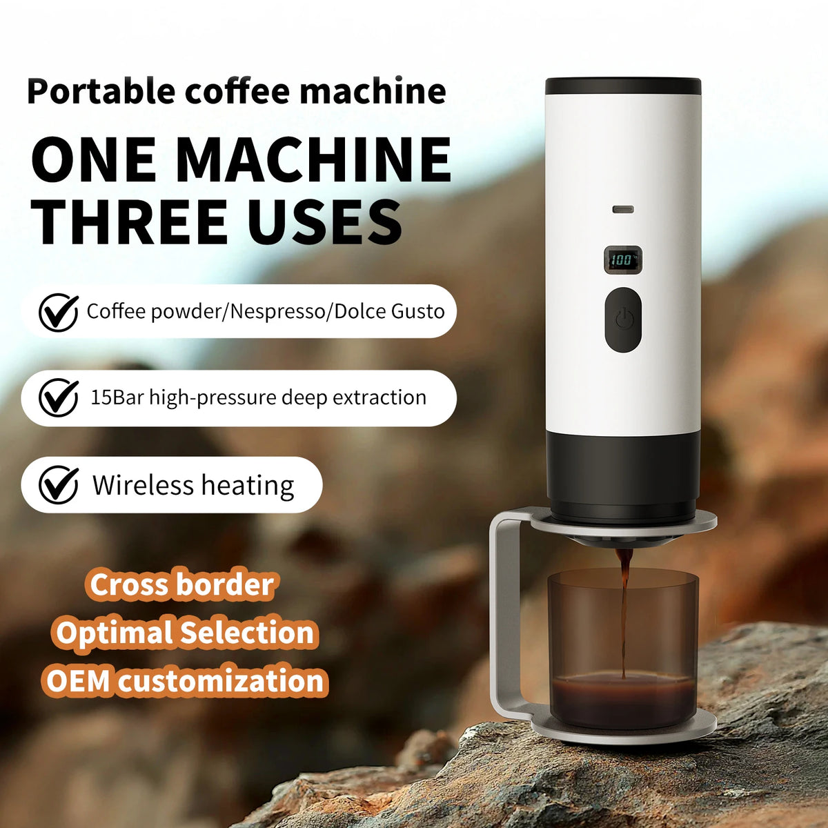 Portable Coffee Machine Wireless 3-in-1 for Ground/Nespresso/DolceGusto Capsule 15Bar 7800mAh Digital Display Travel Camping