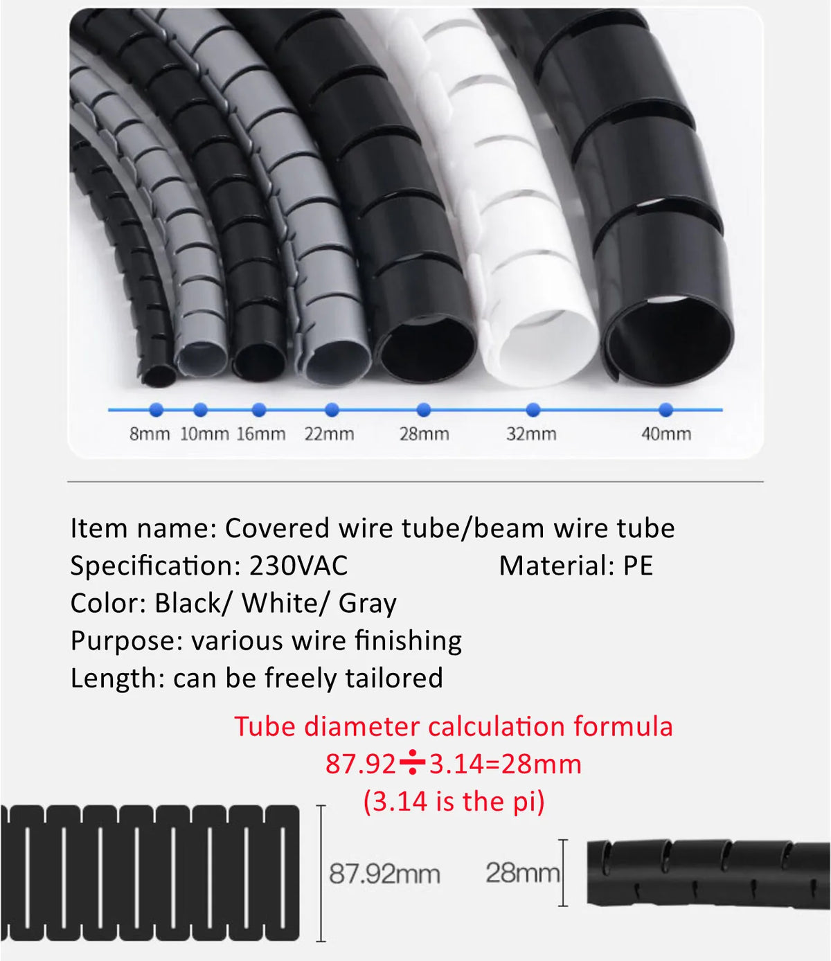 1/3/5/10 Meter 8/12/16/22/28/32/42mm Line Flexible Spiral Cable Organizer Storage Pipe Cord Protector Management Cable PE Tube