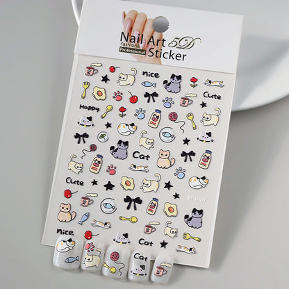 1PC 5D Macaron Flower/Fruit Nail Charms Sticker Embossed Bear/Rabbit/Letter Nails Slider Decals Summer Adhesive Manicure Decor&Y