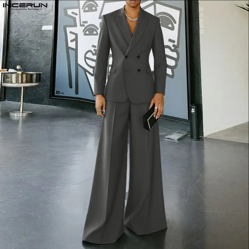 INCERUN Men Sets Solid Color Double Breasted Long Sleeve Blazer & Pants Two Pieces Sets Streetwear Fashion Casual Men's Suits