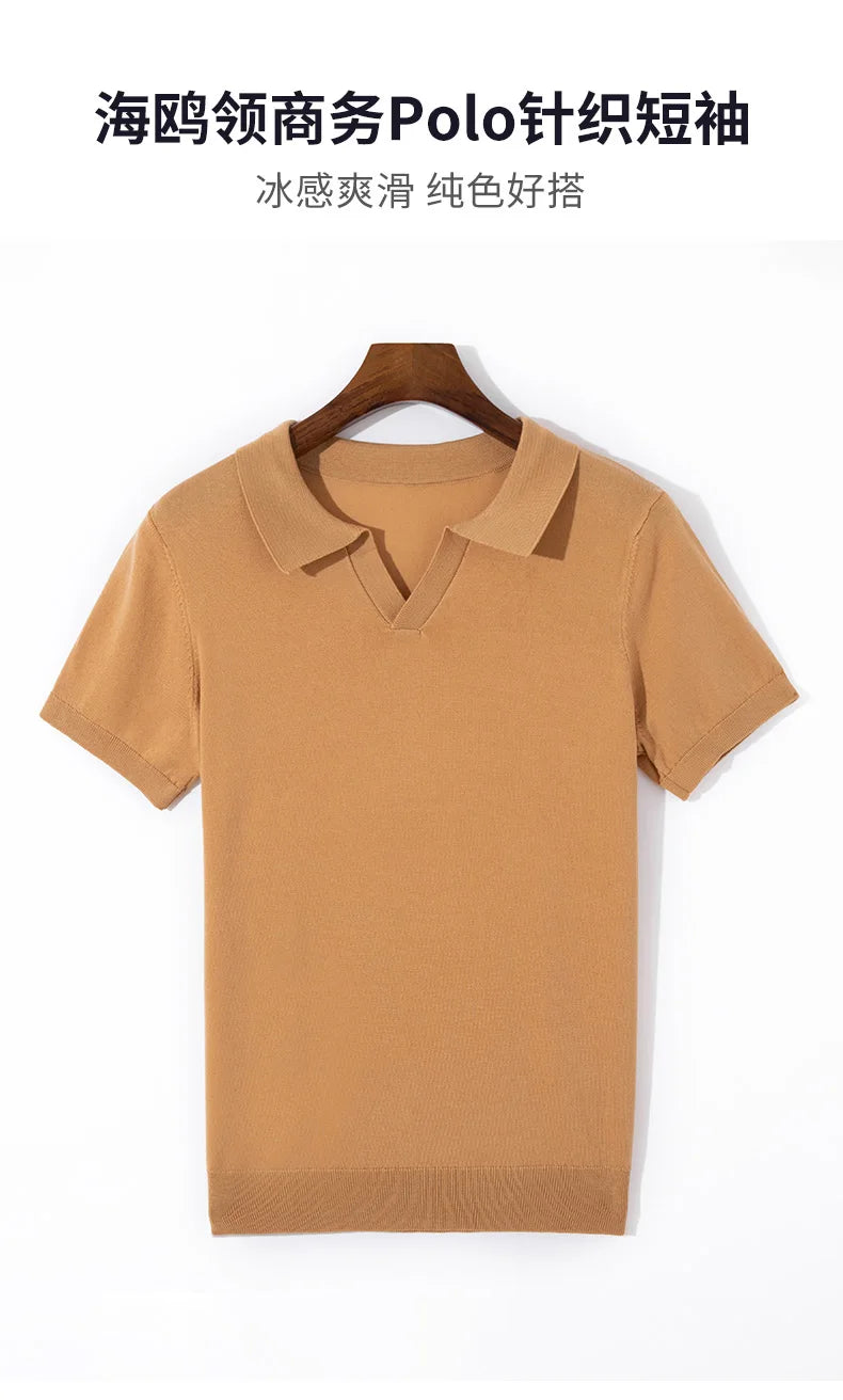 Spring and summer new 100% pure wool business casual knitting technology men's breathable soft lapel Polo short sleeve T-shirt.