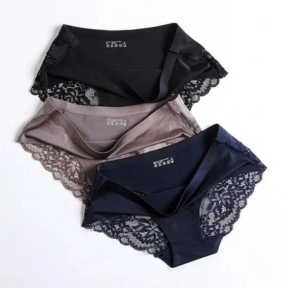 3pcs Lace Women's Panties French Seamless Underwear Female Ice Silk Briefs Solid Color Breathable Underpants Lingerie