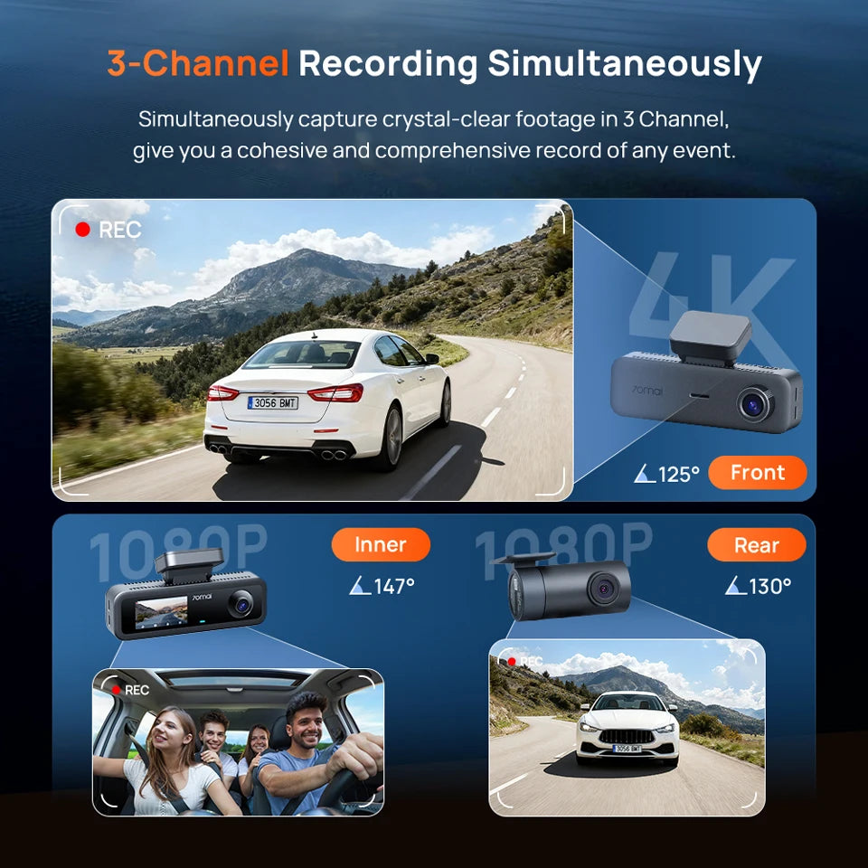 70mai 3-Channel Dash Cam T800E 4K HDR F1.55 Aperture Supercapacitor Voice Control GPS Car DVR 70mai T800E WiFi 6 5GHz