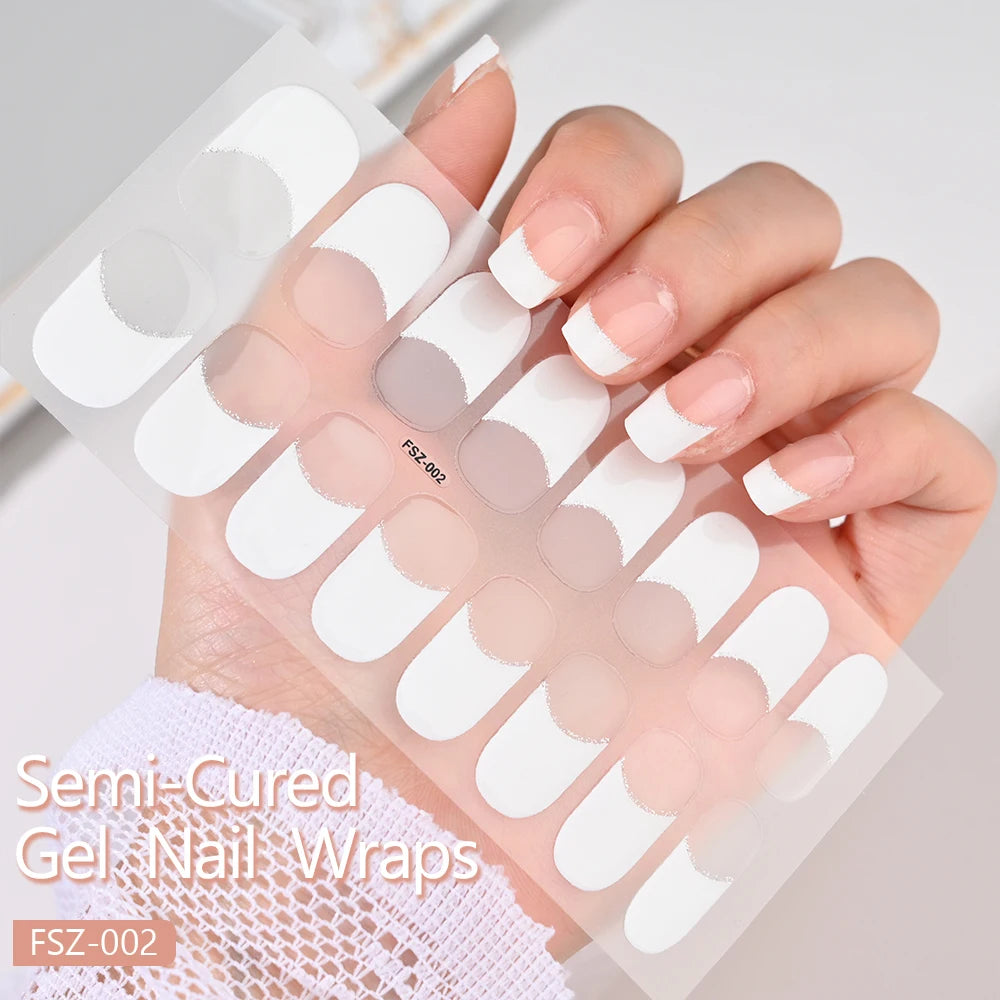 16Tips UV Semi-Cured Gel Nail Wraps Sticker 5D Pure Color Full Cover UV Lamp Gel Sticker Long-Lasting Nail Extension Patch Strip