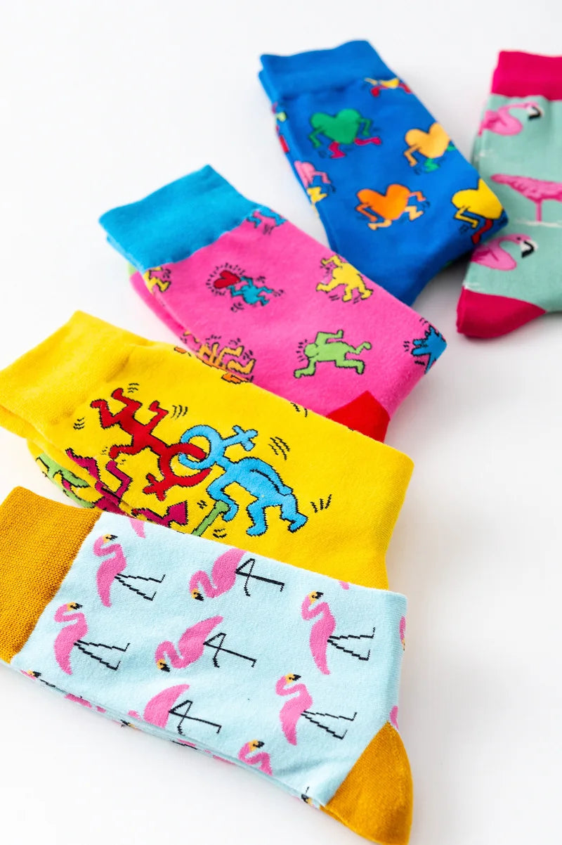 1Pair 35-44 Men Casual Cotton Sock Harajuku Cartoon Flamingo Loving Heart Cute Funny Character Japanese Socks