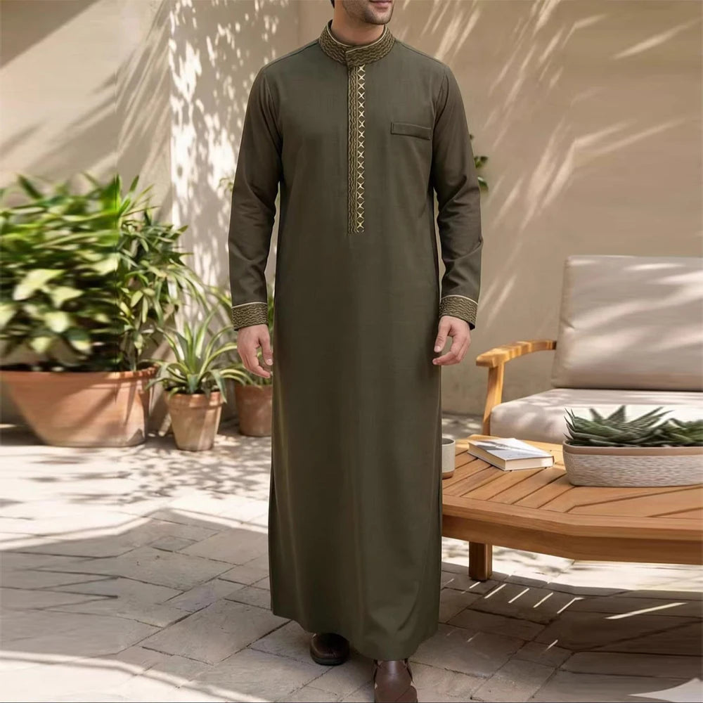 Men's Ethnic Pattern Embroidery Zipper Hooded Robe Traditional Long Sleeve Pocket Jubba Thobe for Daily Wear Man Islamic Thobe