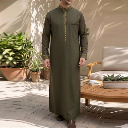 Men's Ethnic Pattern Embroidery Zipper Hooded Robe Traditional Long Sleeve Pocket Jubba Thobe for Daily Wear Man Islamic Thobe